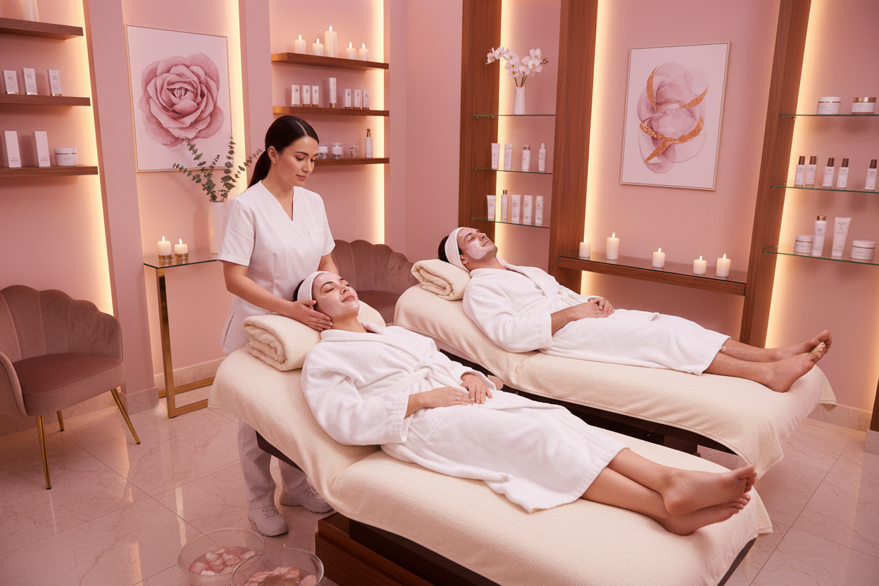 pareja en estetica haciendose facial y masaje fondo rosa